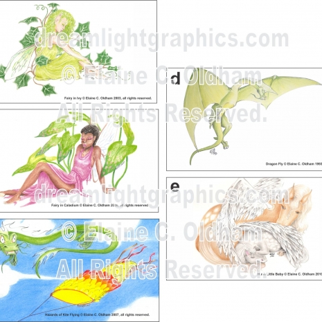 Designs: a) Fairy Ivy, b) Fairy Calladium, c) Kite Flying, d) Dragon, e) Pegasus