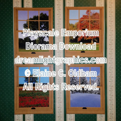 Tan trim windows with spring, summer, fall, and winter views