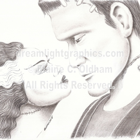 The Bride and Her Monster poster print of pencil drawing by Elaine C. Oldham