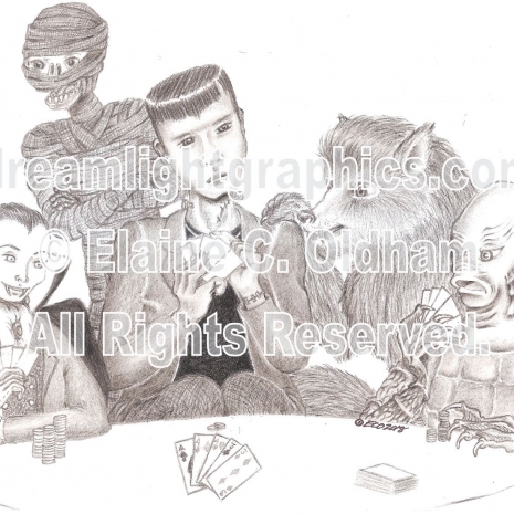 Poker at Drac's mini print of pencil drawing by Elaine C. Oldham