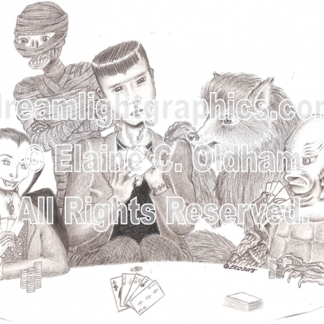 Poker at Drac's poster print of pencil drawing by Elaine C. Oldham