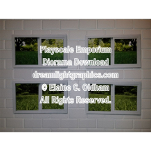 images of two pane basement windows with yard view
