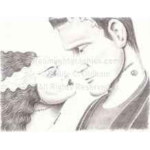 The Bride and Her Monster mini print of pencil drawing by Elaine C. Oldham