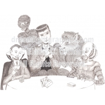Poker at Drac's mini print of pencil drawing by Elaine C. Oldham