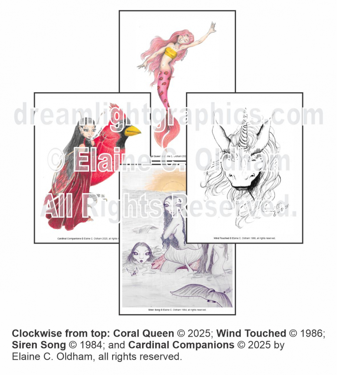 Siren Song, Wind Touched, Cardinal Companions and Coral Queen print images (c) Elaine C Oldham